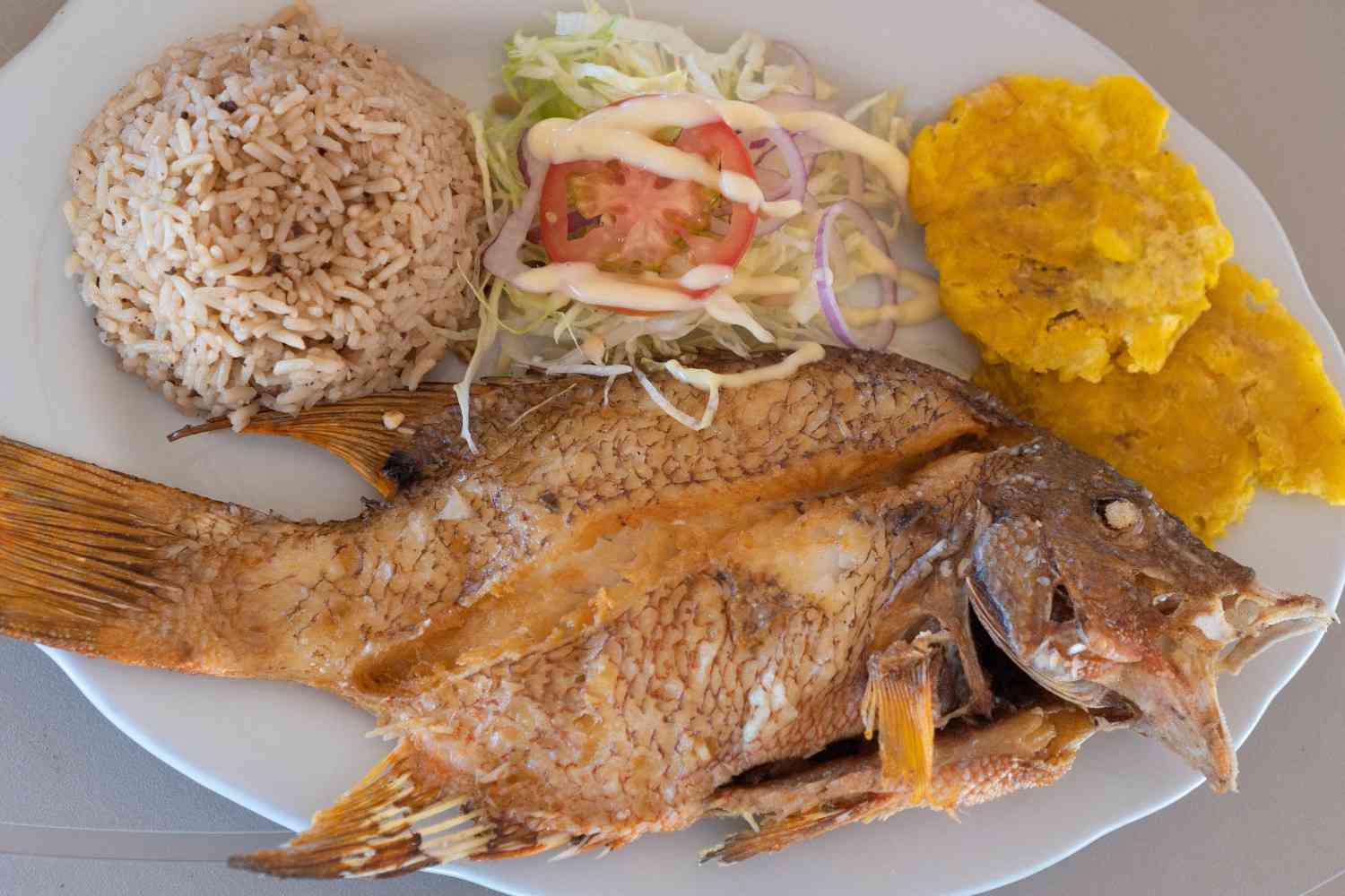 Whole fish served with rice, salad and plantain